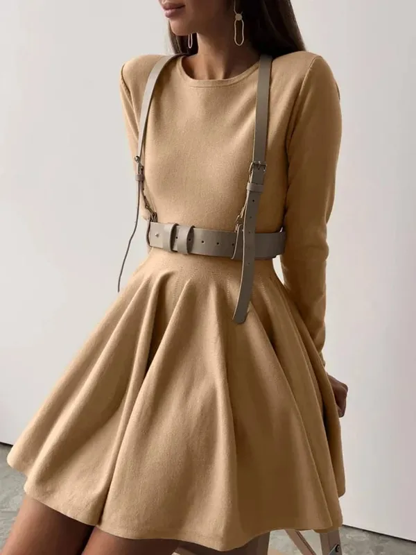 Duomofu Knit Mini Dresses Women Autumn Winter Long Sleeve Sweater Dress Female Elegant Fashion Slim A Line Pleated Dress Vestido