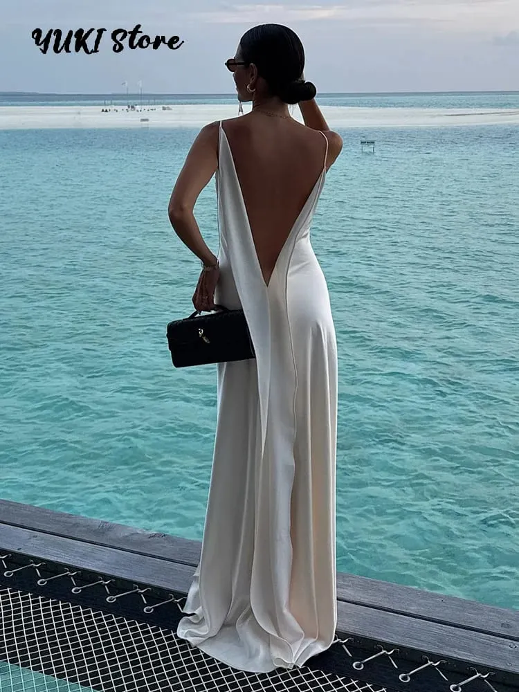 Backless Satin Long Sling Dress Women V Neck Sleeveless Slit Solid Sexy Party Dresses 2026 Summer Lady Vacation Evening Robes — image 1