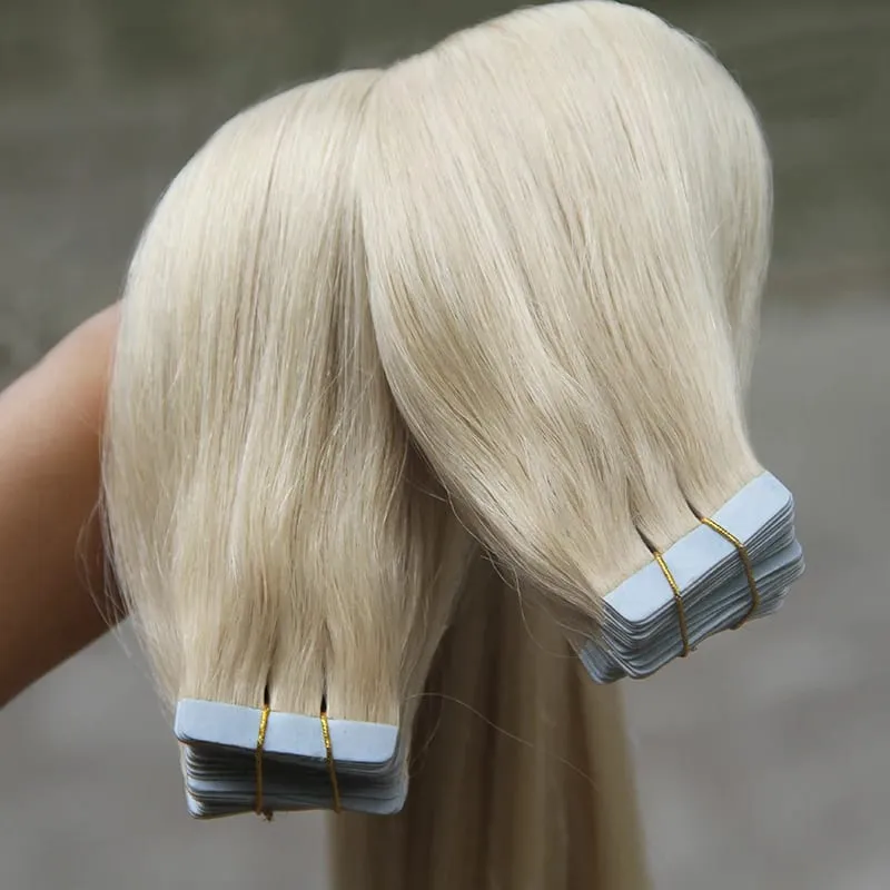 Tape In Human Hair Extensions Remy Virgin Hair Adhesive PU Straight Hai Extensions Skin Weft #60 Blonde 28 30INCH Hair For Women