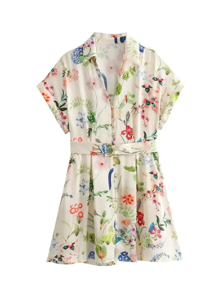 HH Casual Floral Print Shirt Dress Turn Down Collar Belt Single Button Short Dress Summer Lady Beach Party Vacation Mini Dresses