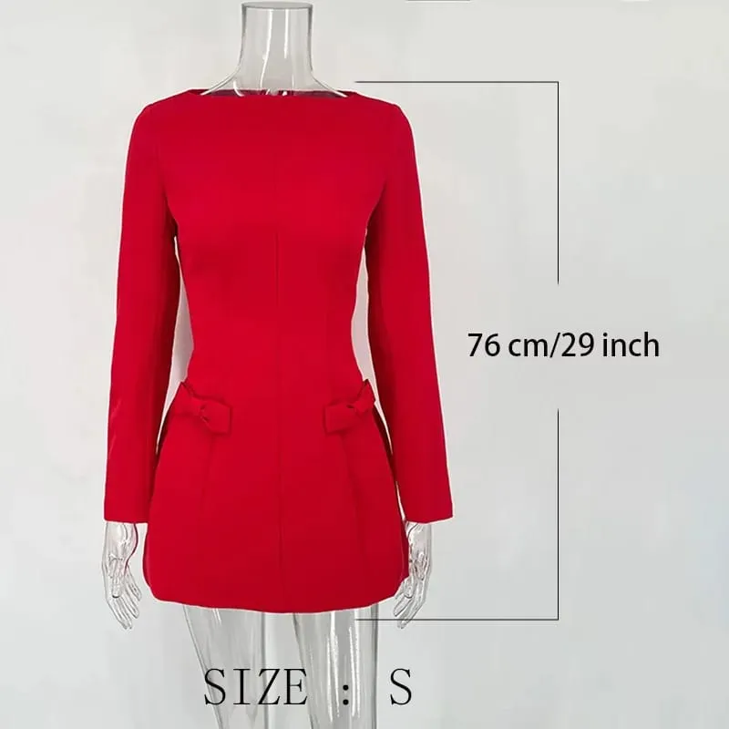 Bows Splice Long Sleeve Mini Dress Elegant Office Woman Solid Bodycon Club Party Dresses 2024 Autumn High Waist Fashion — image 6