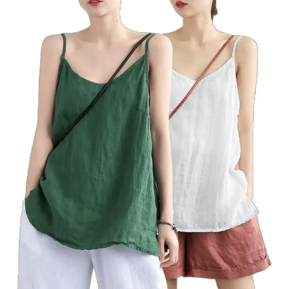 Basic Cotton Linen Spaghetti Strap Top V Neck Sleeveless Sleeveless Tank Top Loose Fit Breathable Camis Top Summer Wear