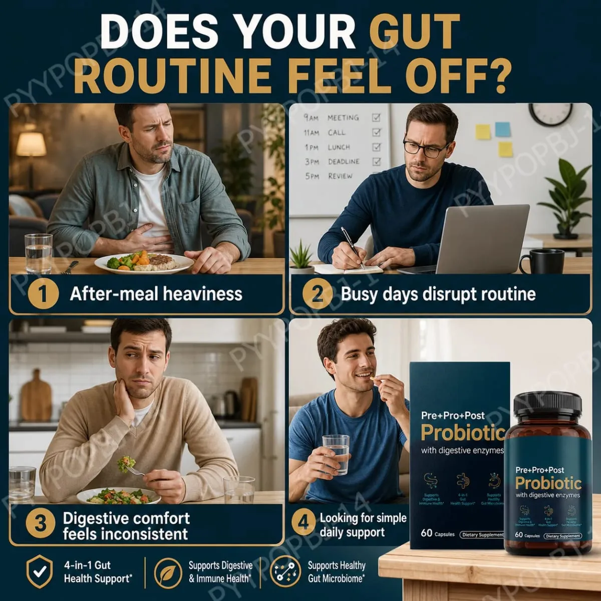 Premium 4-in-1 Probiotic Prebiotic Postbiotic Digestive Enzymes for Men&Women Supports Gut Digestion Immunity 60 Capsules