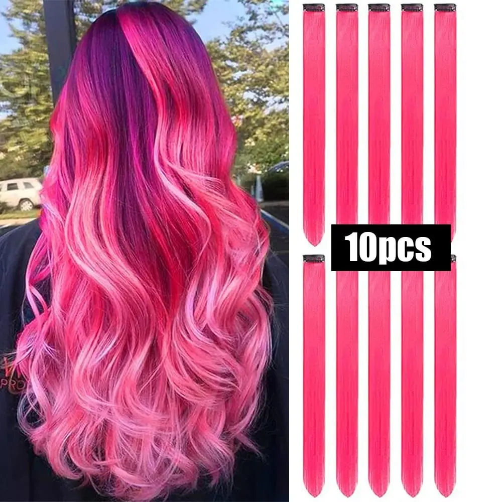 10 PCS Colored Hair Extensions Straight Hairpiece Multi-colors Party Highlights Clip in Synthetic for Women Girls Cosplay Gift