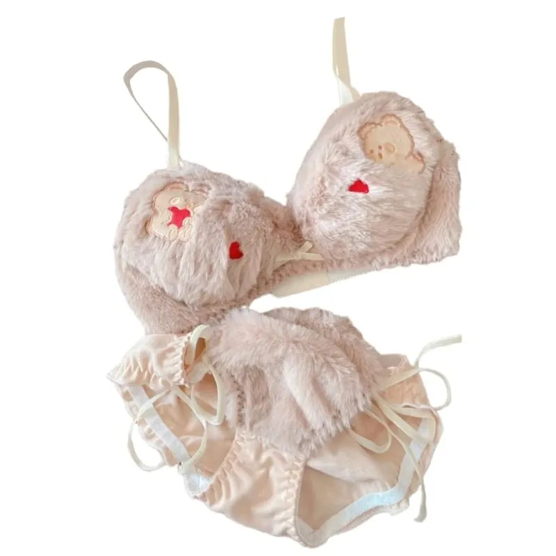 Lingerie invernale da donna con motivo panda a cartoni animati, reggiseno e mutandine in peluche peloso, biancheria intima per cosplay di anime giapponesi, scolaretta