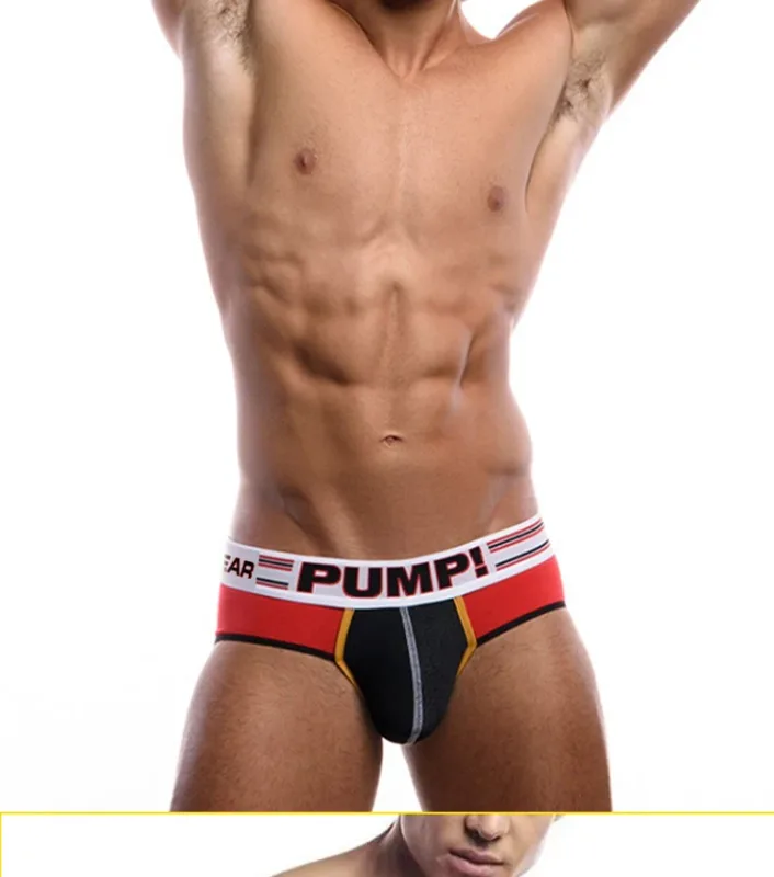 Men's Cotton Color Block Briefs, Pump! Logo Wide Waistband Low Rise Sexy 3D Convex Pouch Underwear