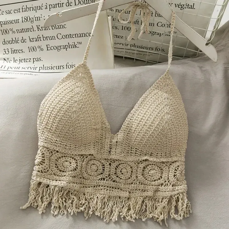 Crop Tops Retro Wild Hollow Perspective Tassel Sexy Spaghetti Strap Tanke Top Women Built In Bra New Back Lace Halter Neck — image 2