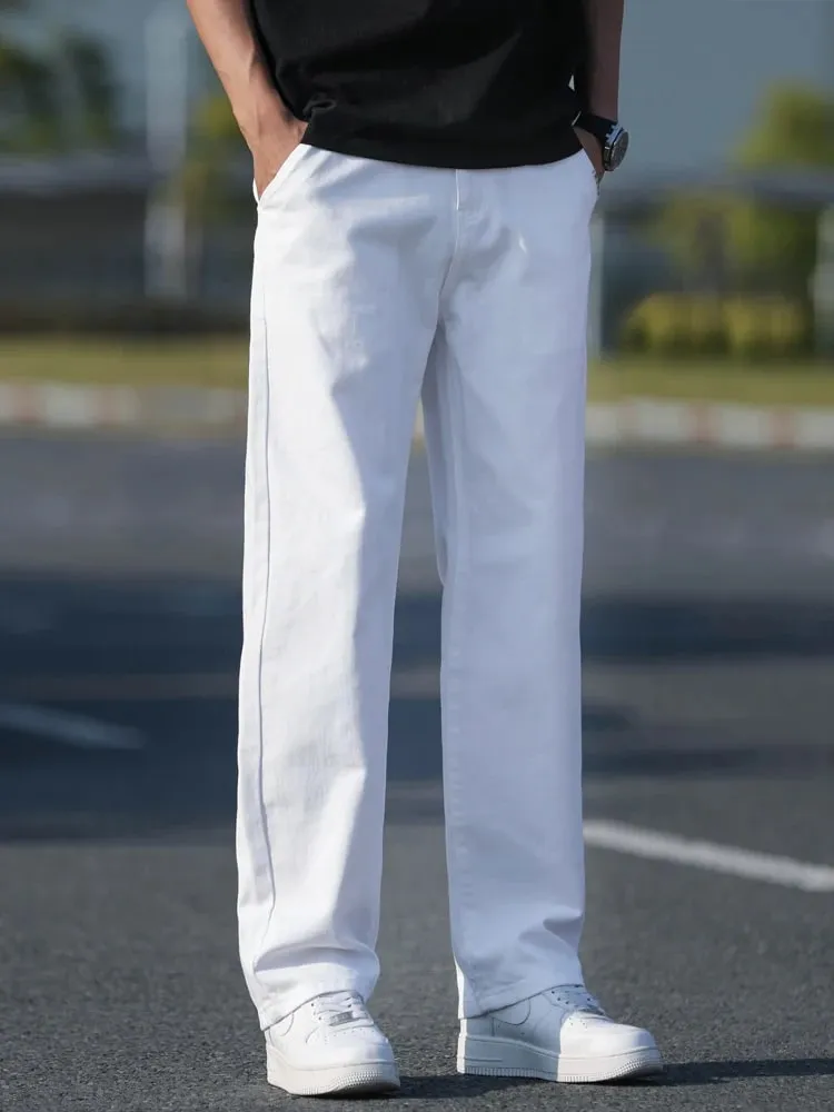 100%Cotton Fashion Loose Jeans Men's Spring Summer Thin Straight Washed Breathable White Denim Pants Casual Business Trousers