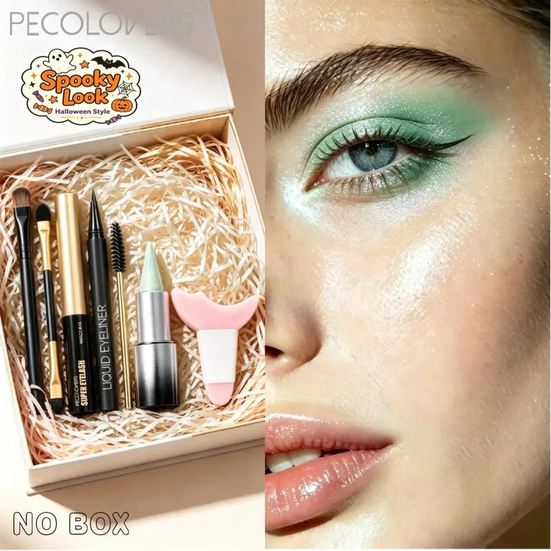 7 Pcs Eye‑Catching Eye Makeup Kit Sparkly Green Glitter Eyeshadow Stick Slim Liquid Eyeliner Curling Mascara with Makeup Tool