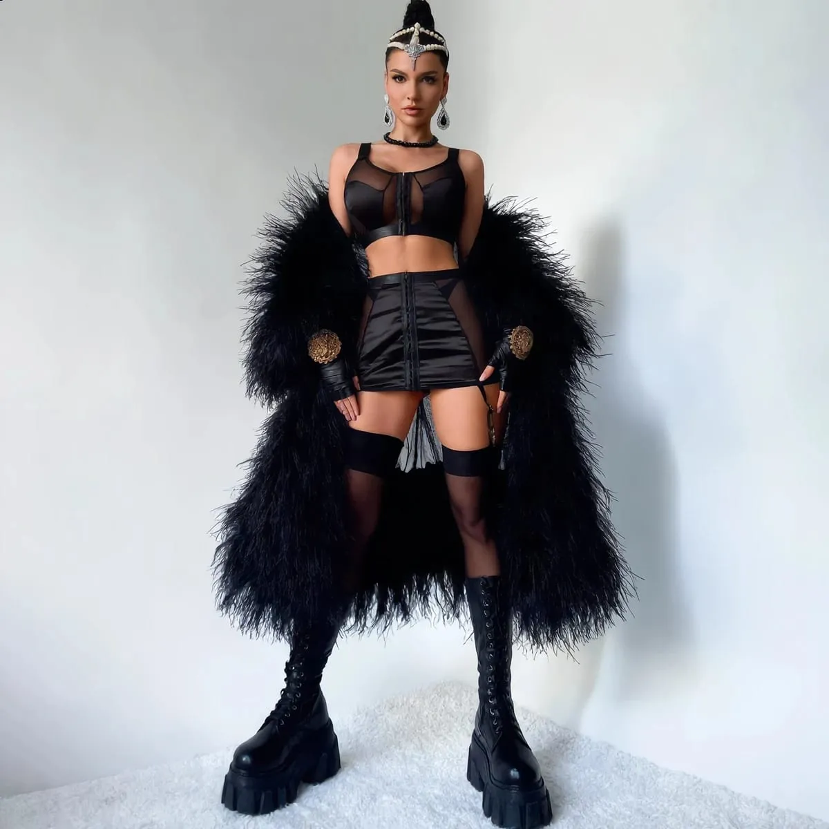 Diccvicc Black Satin Mesh Lingerie Set with Skirt Garter Belt Front Hook Crop Top Bra Lace Up Corset Back 3 Pieces Teddy Outfits