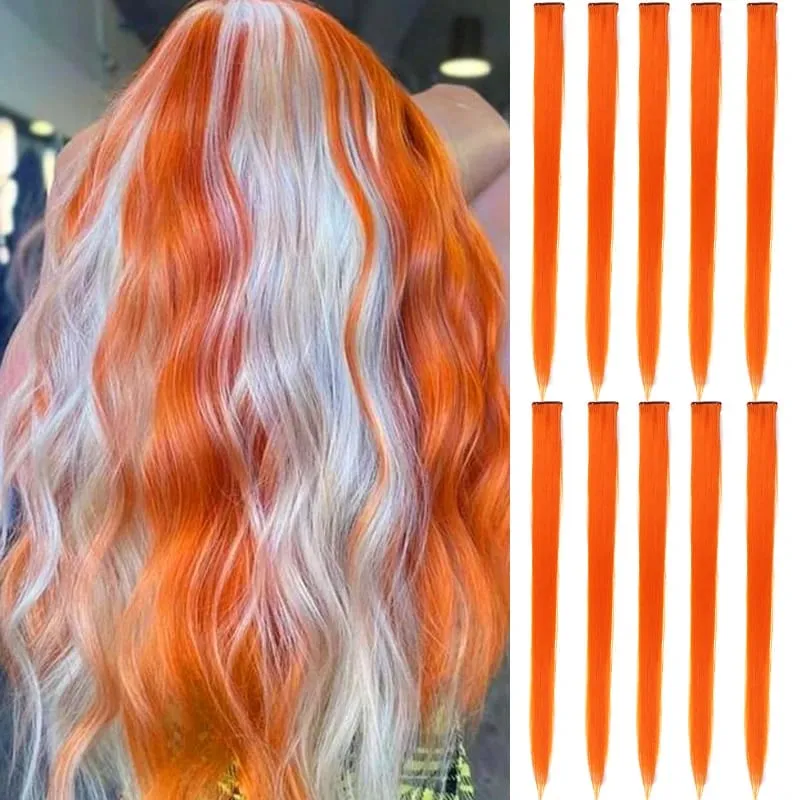 10Pcs Synthetic Colored Clip in Hair Extensions Hairpiece Party Highlights Straight Hair wig for Girls Kids Christmas Party Use