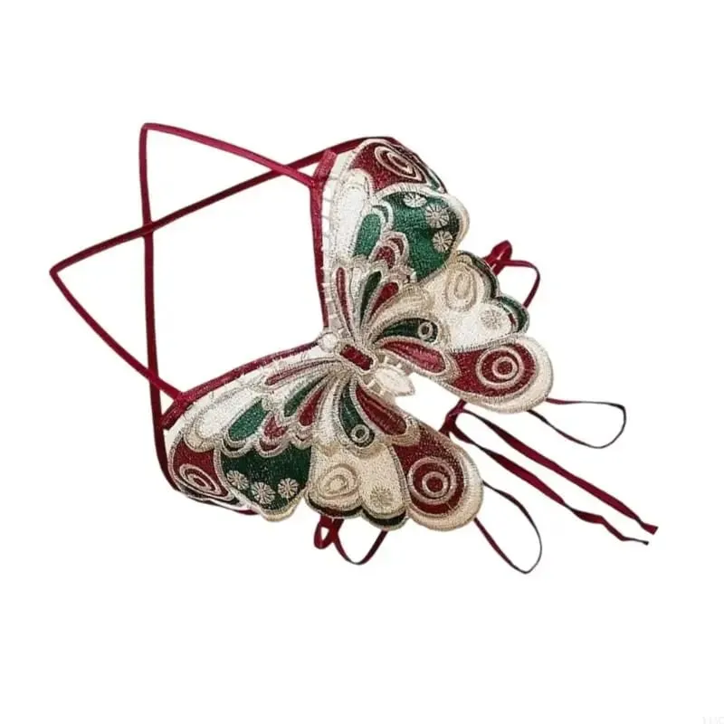 Y1AC Women Strappy Backless Beach Crop Top Butterfly Embroidery Halterneck Camisole