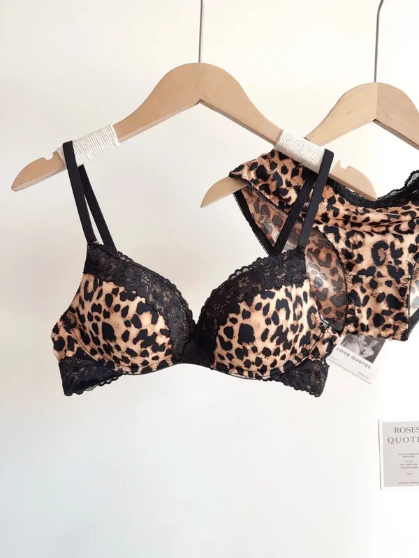 Women Sexy Leopard Print Lingerie Set Wireless Invisible Push Up for Small Breasts Adjustable A To C Cup sheer Lace Pure Style