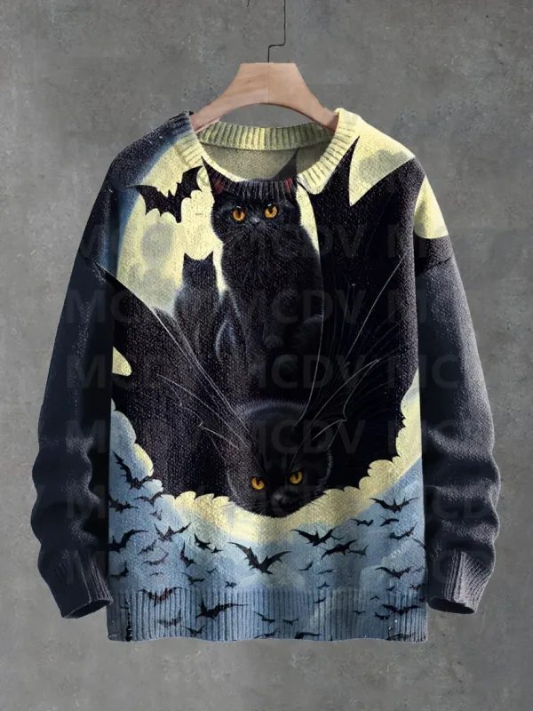 Cute Black Cat Flower Birds Art Pattern Print Casual Knit Pullover Sweater Classic Sweater Men's For Women's Pullover — image 4