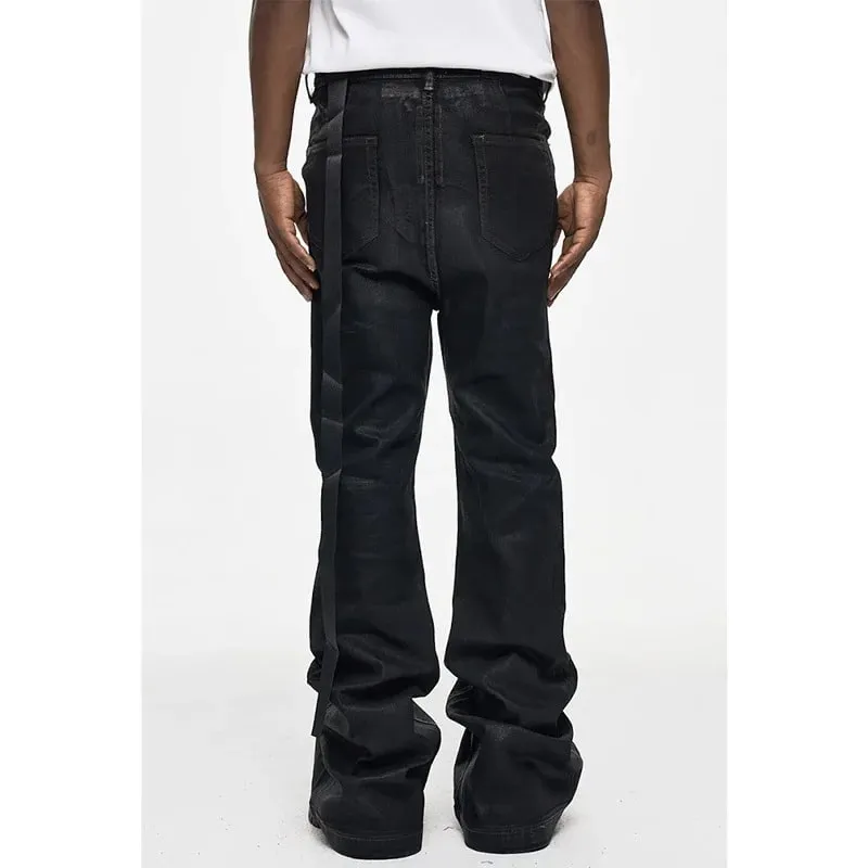 2026 High Street Coated Brushed Micro-flared Floor-length Jeans for Men Retro Street Wear Loose Micro-elastic Waxed Pants