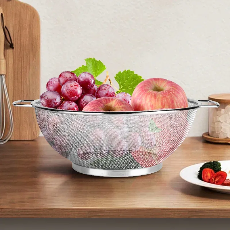 2pcs 21cm+24cm Stainless Steel Drain Basket Kitchen Basket with Handles Vegetable Washing Basket Rice Strainer Strainer