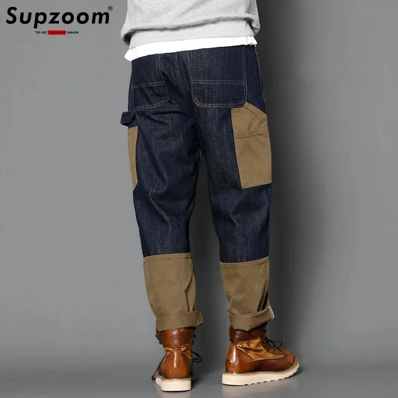 Supzoom New Arrival Hot Sale Top Fashion Autumn Zipper Fly Stonewashed Casual Patchwork Cargo Denim Pockets Cotton Jeans Men — image 2
