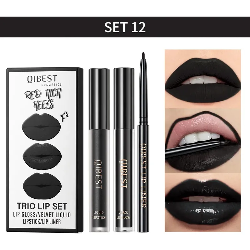 Matte Liquid Lipstick&Lip Liner&Lip Gloss 3Pcs Sets Long Lasting Non-stick Cup Red Black Purple Lip Tint Cosmetics Kits — image 9