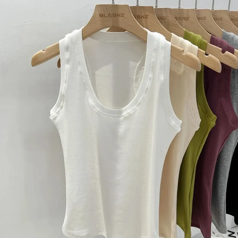 2026 Summer Basic Elastic Tank Top Women Solid Low Round Neck Ribbed Camisole Korean Style Versatile Slim Tanks & Camis
