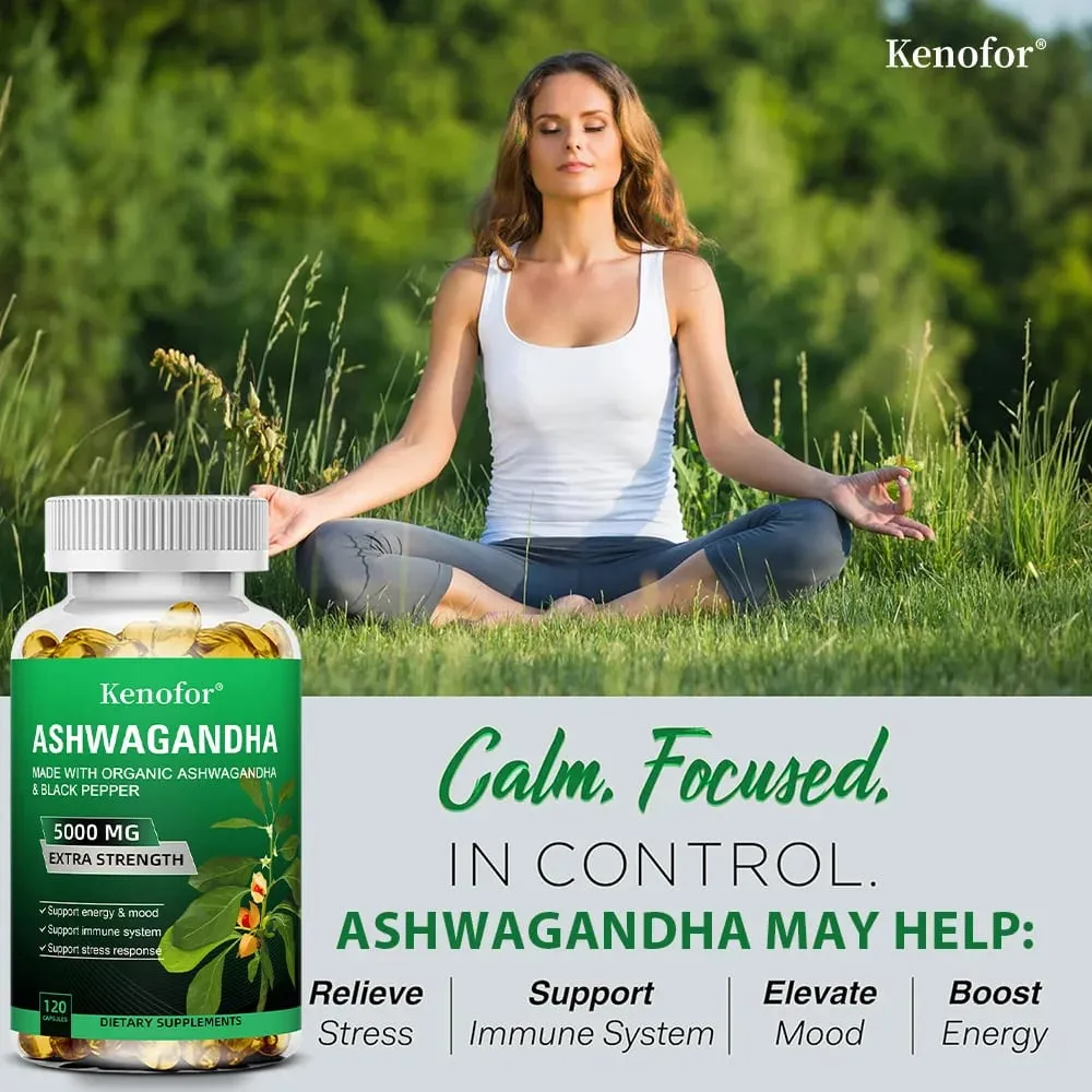Pure Ashwagandha Root Extract Capsules 5000mg for Natural Mood Stress Focus Brain Energy Sleep Health