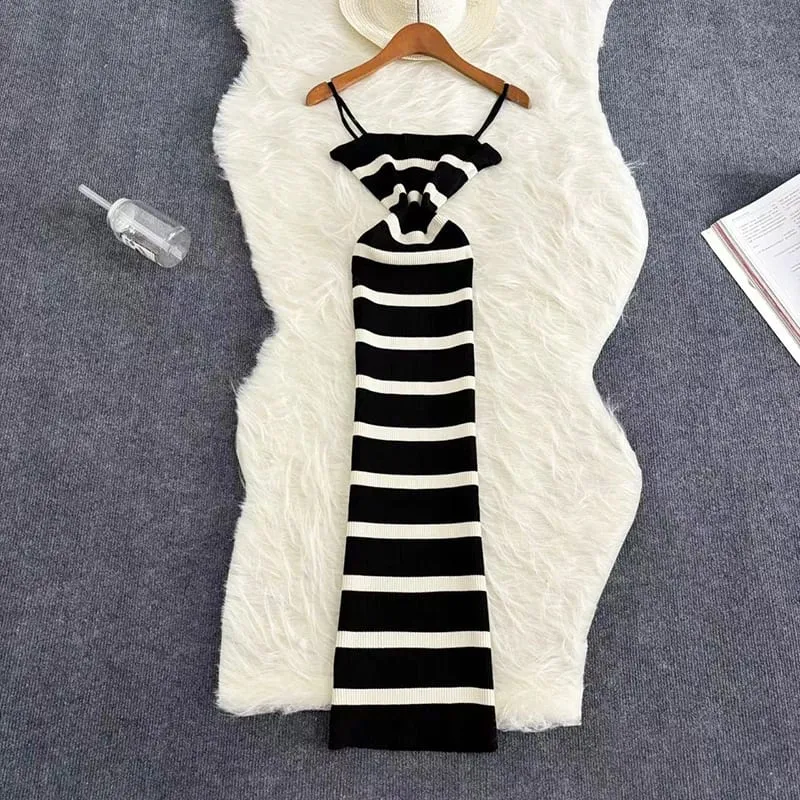 קיץ פס אלסטי Bodycon רצועת שמלת 2024 סקסית חוף שמלת קיץ נשים מקרית עיפרון דק Vestidos מקסי שמלה ארוכה