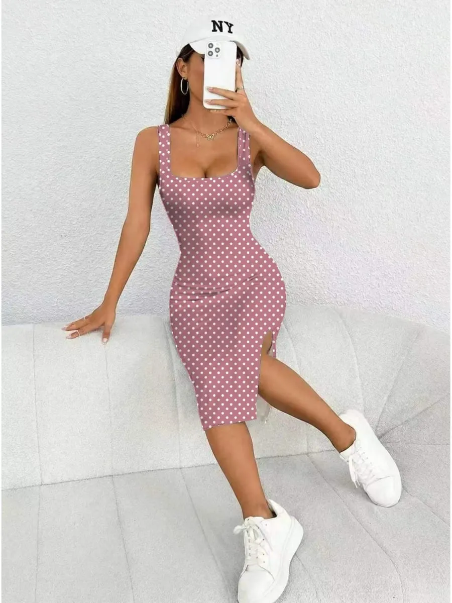 Women's Casual Elegant Thick Strap Square Neck Sleeveless Polka Dot Printed Slit Dress Mid-Length Skirt