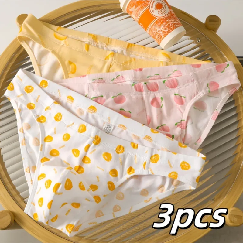 Ba gói quần đùi cotton in hình trái cây dễ thương và cá tính dành cho nam, quần đùi thoải mái thân thiện với da, đồ lót mặc ở nhà cạp thấp thoáng khí dành cho nam trẻ