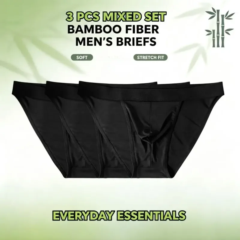 1 3-teiliges Set aus weicher Bambusfaser, hochgeschnittener Bikini-Slip für Herren, integrierter Beutel, feuchtigkeitsableitende Sportunterwäsche für das Training im Fitnessstudio