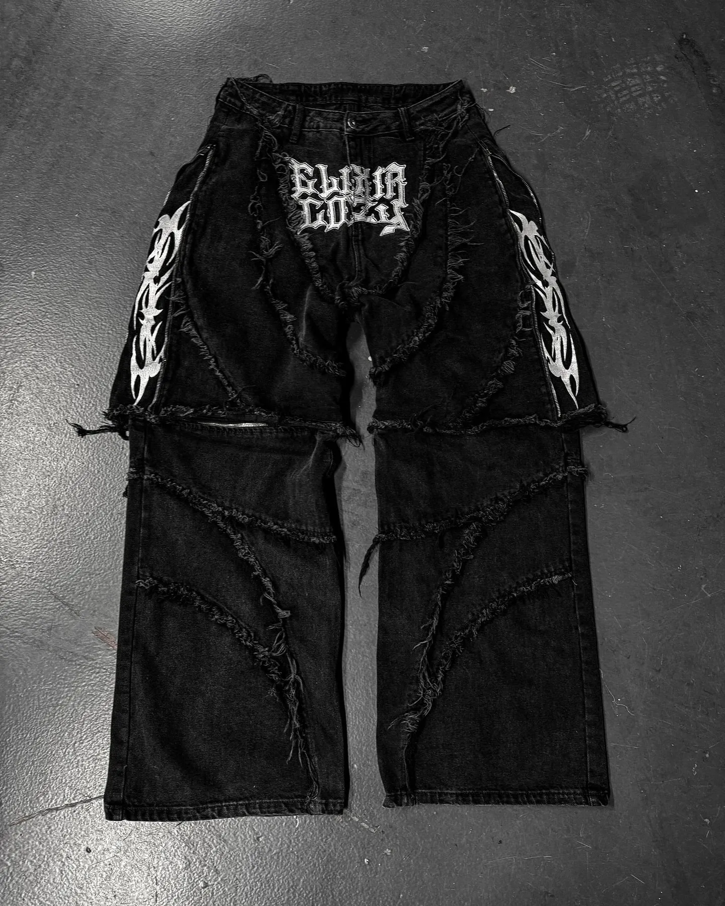 Elixir X Cozy Detachable Jeans Retro Punk Streetwear Ziipper Patchwork Stripe Denim Pants Men Black Baggy Hip Hop Splicing Jeans — image 2