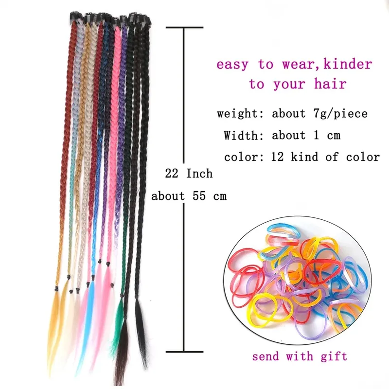 Synthetic 5 Pcs/Lot Clip-in Extensions For Women Ponytail Rainbow Braid Hair Extension 22'' Ombre Hairpiece Box Braid With Clip