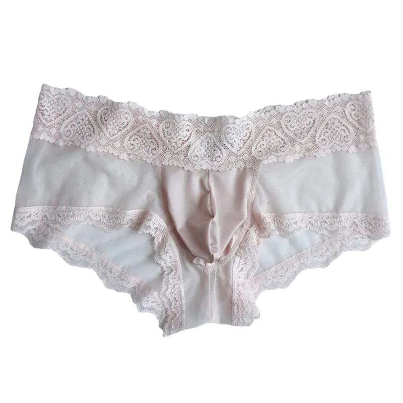 Cuecas masculinas de seda gelo com acabamento de renda fina e sem costura brilhante bolsa 3D calcinha leve confortável lingerie diária