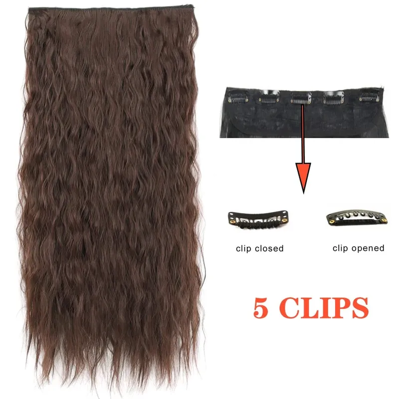 Synthetic Long Wave 5 Clips Hair Extensions Clips in High Temperature Fiber Black Brown Hairpiece