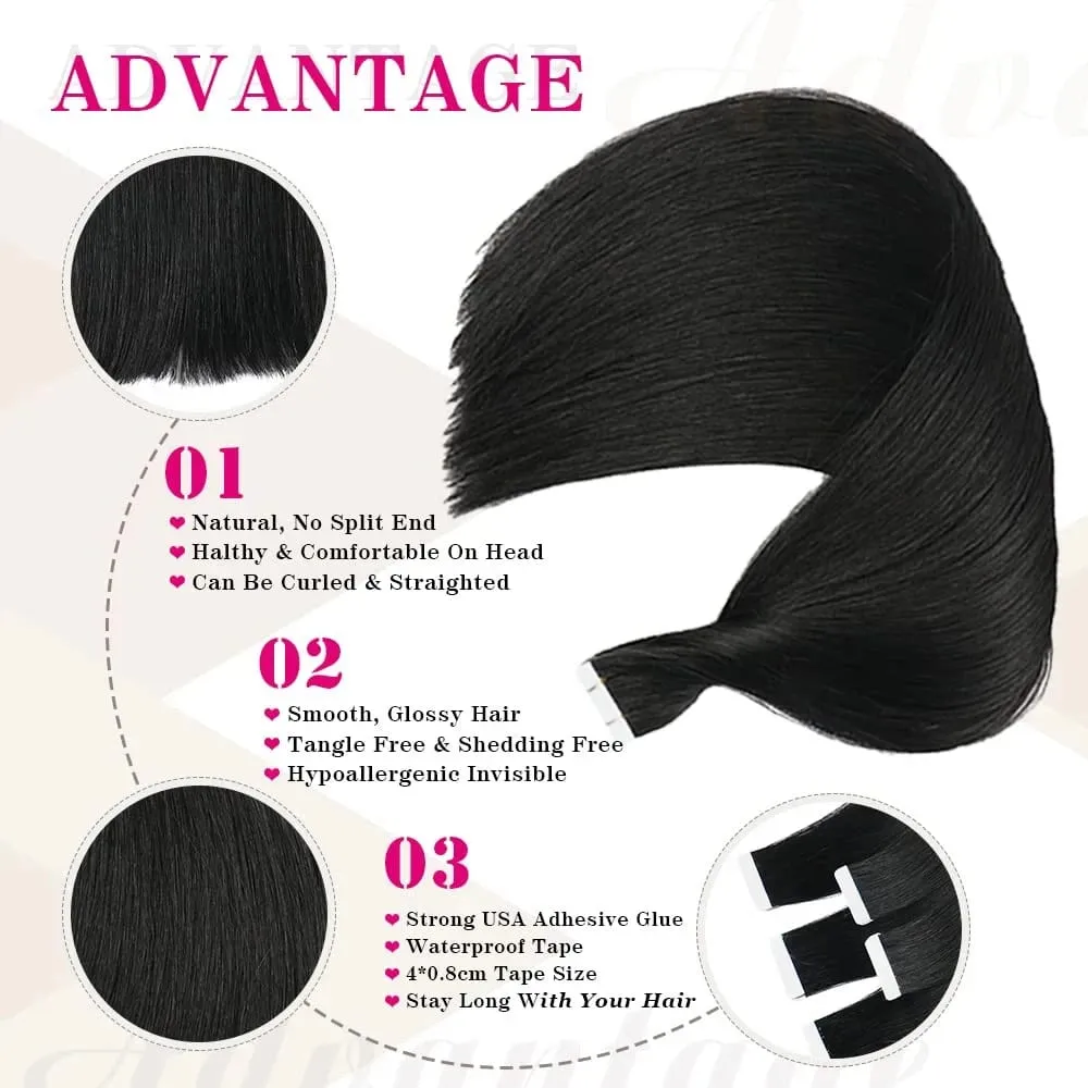Tape In Hair Extensions Remy Human Hair 20pcs Straight Seamless Skin Weft Tape Hair Extensions Natural Black Hair For Women — image 3