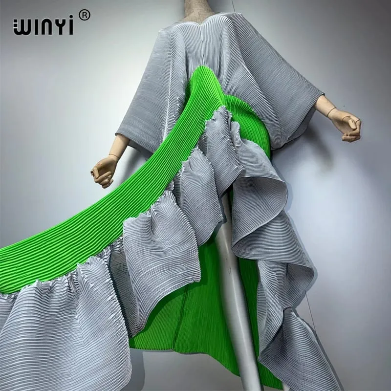 Novo vestido plissado fino de garfo alto para mulheres moda praia cover-up muçulmano kaftan abaya dubai vestido de noite longo de luxo