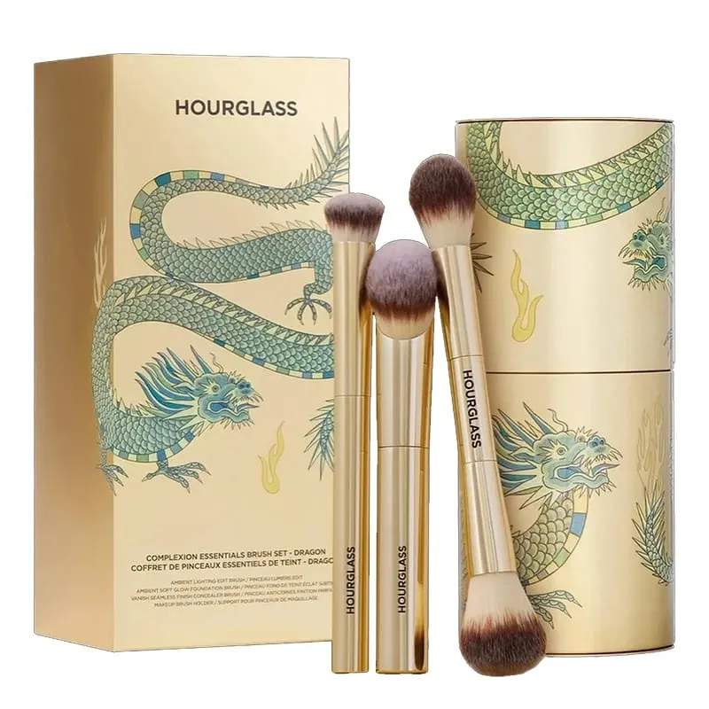 Complexion Essentials Brush Set -Dragon series 3 makeup brushes with a Packaging box and a Brush bucket