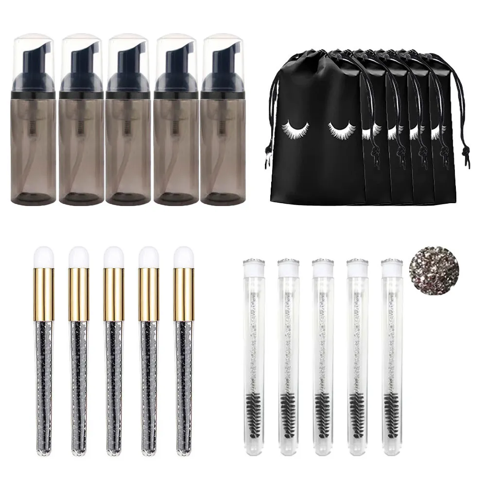 60ml Refillable Empty Plastic Pump Bottle Lash Extension Cleaning Kit Long Rod Brush Lash Curler Dust Tube EVA Storage Bag Tools