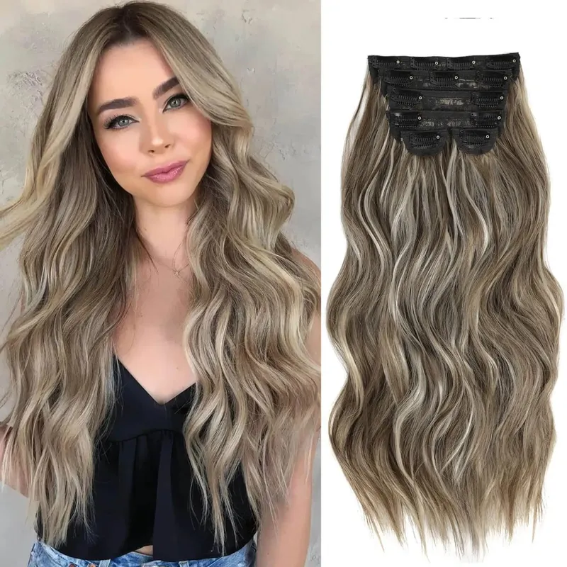 Synthetic Long Wavy Clip In Hair Extensions 20" Thick Hairpiece 6pcs/set For Women Brown Blonde Black Natural Fake Fiber Hair
