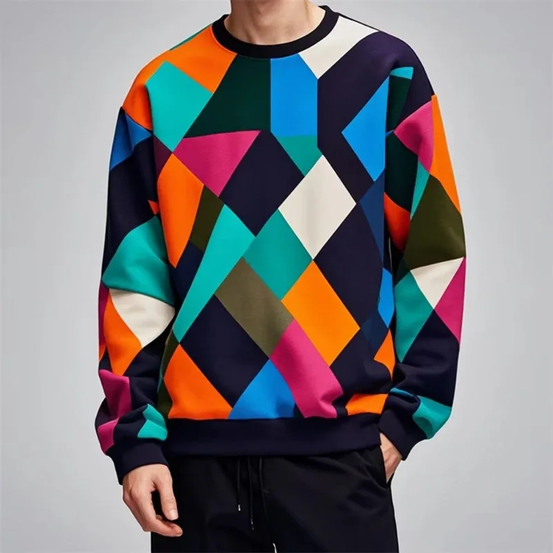 Fall Fashion Pullover Sweatshirt For Men 3d Colorful Geometry Graphic Print Round Neck Neck Hoodies Pullover Casual Male Clothes