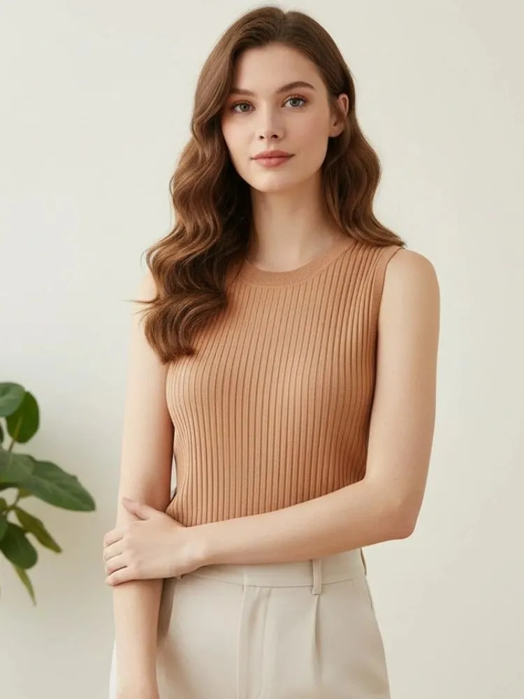 2026 Korea Knitted Vests Women Top Summer Sleeveless Blouse Women Tops Women O-neck Knitted Blouse Shirt Clothes
