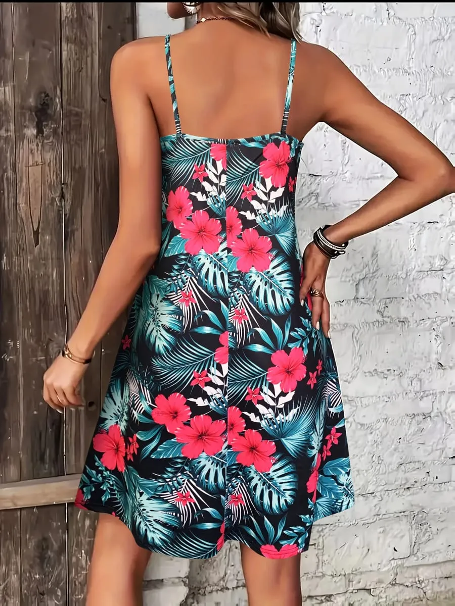 Summer Vacation Style Print V-Neck Spaghetti Strap Dress Camisole Dress for Vacation Outfits Bohemia Dresses for Women Summer