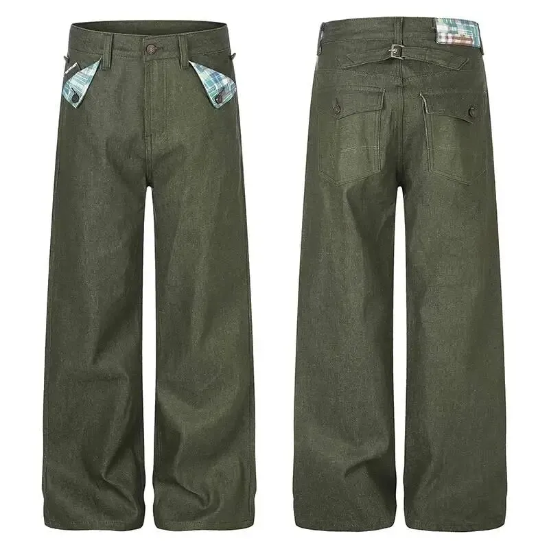 American Retro Style Army Green Wide Leg Jeans For Men Women Loose Versatile Casual Floor Length Denim Long Pants 9X4198