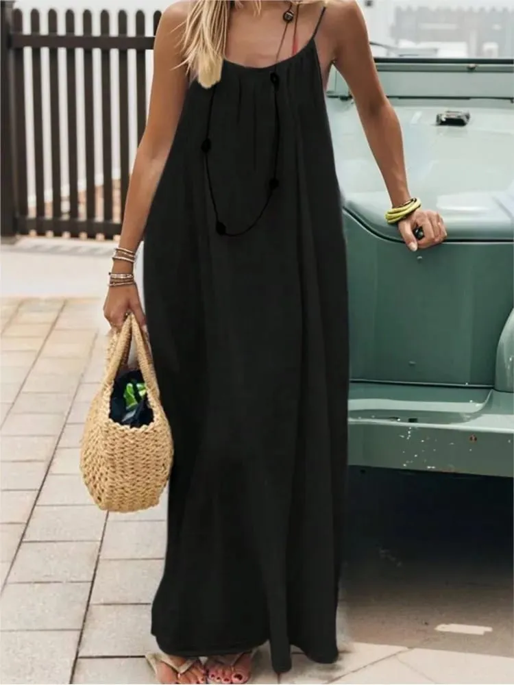 2026 Summer New Casual Seaside Vacation Women Long Skirt Fashionable Solid Color Sexy Suspender Backless Loose Dress Large Size