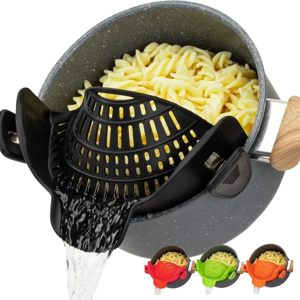 Heat-Resistant Silicone Clip-On Strainer for Pots/Pans - Collapsible Drain Colander for Pasta Veggies Fruits - Kitchen Tool