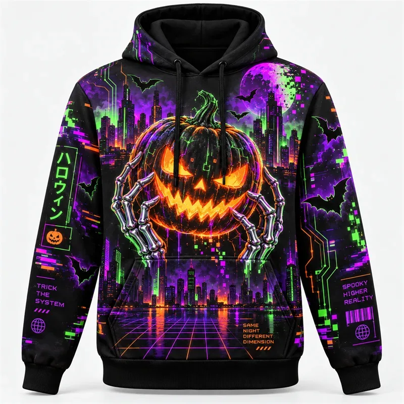Halloween Hoodie 3D All Over Print Polyester Sweatshirt Gothic Ghost Pumpkin Bat Witch Skull Horror Streetwear Pullover Unisex