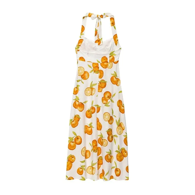 Willshela Women Fashion Printed Single Breasted Side Zipper Backless Midi Dress Vintage Halter Neck Female Chic Dresses