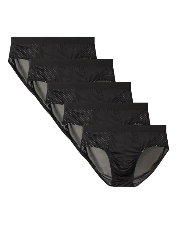5-Pack Men's Ice Fabric Briefs with Semi-Mesh Design, Comfortable, Cool and Breathable Ideal for Daily Wear Simple Black Briefs