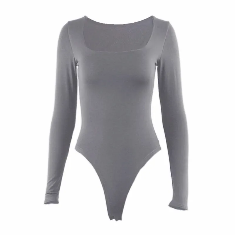Long Sleeve Bodysuits Spring 2025 Square-Cut Collar Solid Bodycon Elastic Romper Sexy Y2k Women Clothing Fashion Club Party 2520