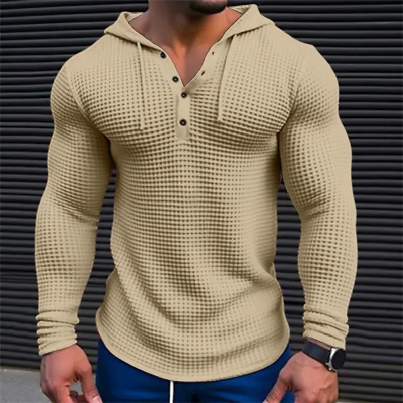 T-shirt à manches longues pour hommes, couleur unie, coupe cintrée, à capuche, respirant, haut de sport, en coton gaufré, décontracté, printemps