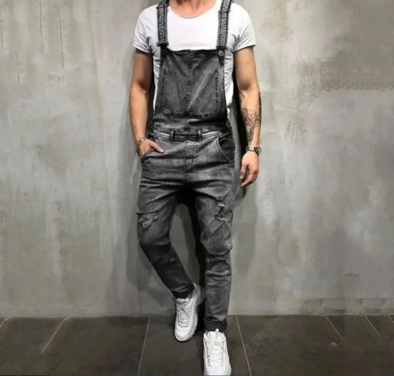 Men Jeans Jumpsuits Denim Overalls Distressed Pockets One Piece Pencil Pants Solid Washed Ankle Length Safari Style Spliced — image 9