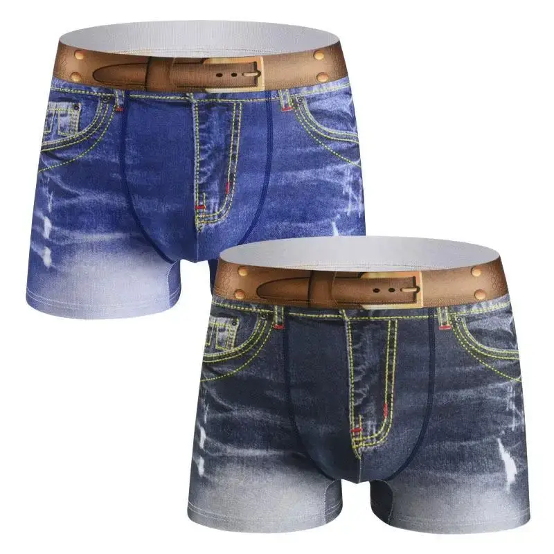 1 Stück Herrenunterwäsche aus Baumwolle mit Denim-Aufdruck, U-förmiges Design, atmungsaktive Boxershorts, Herren-Komfort-Baumwolle